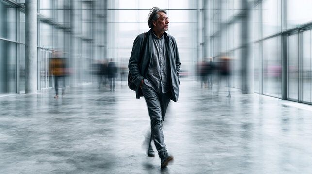Mature Man Walking Through Modern Glass Corridor