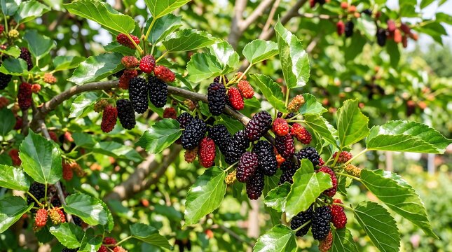 Fresh ripe mulberries on a tree branch. Organic black berries growing in a summer garden.