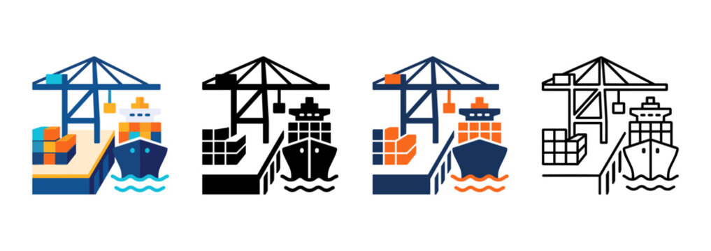 Port Icon with Cargo Crane and Shipping Containers for Maritime Logistics in Flat, Silhouette, Outline and Glyph Design
