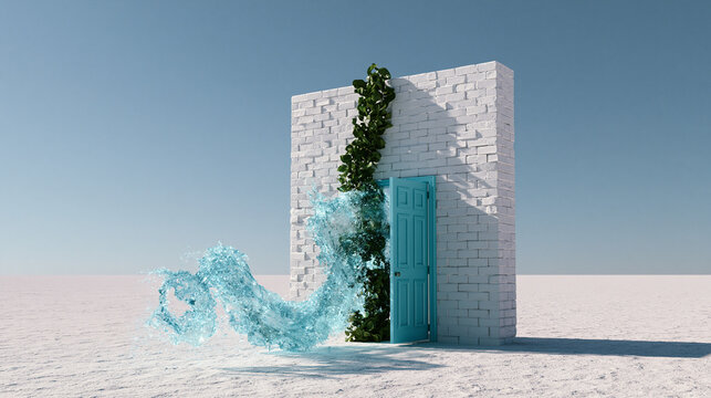 Surreal Water Wave Emerging From Brick Building Door