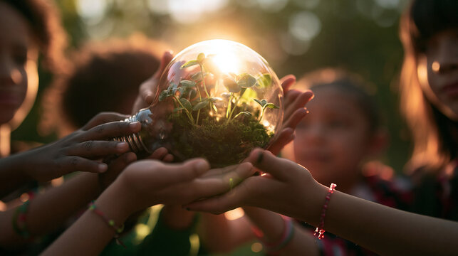Children Holding Light Bulb with Growing Plants Together