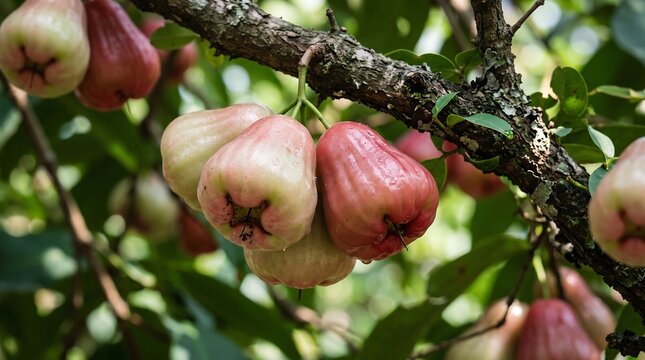 Fresh rose apples hanging on a tree branch. Ripe wax apples growing in an organic garden.