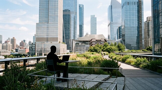 Remote Worker on Rooftop Garden Overlooking City Skyline