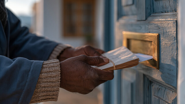 Mail carrier's calloused hands push a rubber banded bundle of envelopes through a brass letterbox on a painted wooden door, the modest bungalow porch visible in soft background