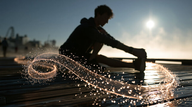 Person Stretching by Water at Sunset