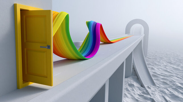 Rainbow Ribbon Flowing From Yellow Door to Ocean