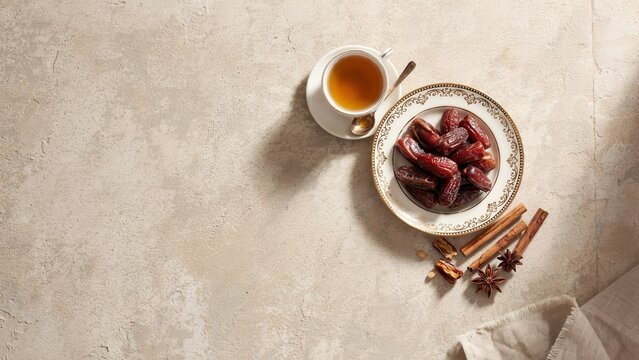 A decorative plate filled with sweet organic dates served alongside a warm cup of tea