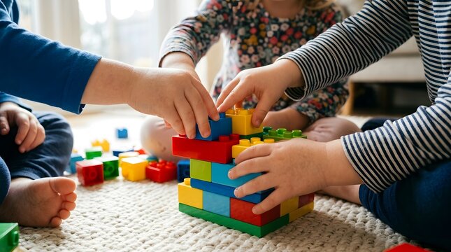 Close-up of children's hands building a colorful plastic block tower