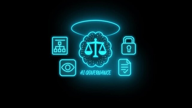 Businessman hand holding glowing icons of ai governance with holographic lights, symbol of tech responsibility, concept of ai ethics, governance, legal future. 4k motion video.
