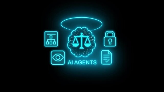 Businessman hand holding glowing icons of ai agents with holographic lights, symbol of tech responsibility, concept of ai ethics, governance, legal future. 4k motion video.