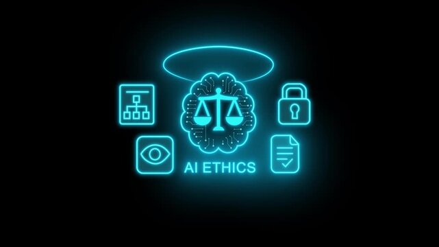 Businessman hand holding glowing icons of ai ethics with holographic lights, symbol of tech responsibility, concept of ai ethics, governance, legal future. 4k motion video.