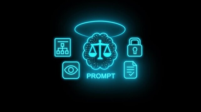 Businessman hand holding glowing icons of ai prompt with holographic lights, symbol of tech responsibility, concept of ai ethics, governance, legal future. 4k motion video.