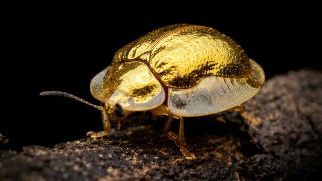 a golden tortoise beetle close up isolated on black background studio macro video