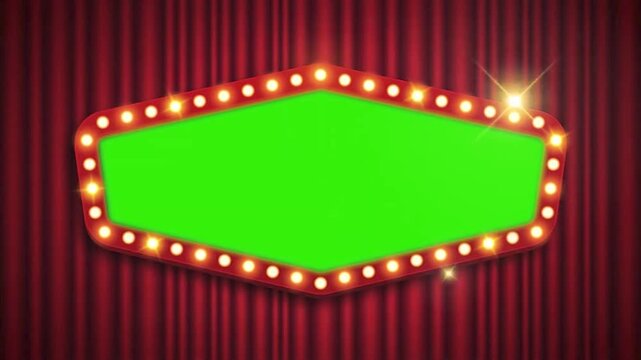 Vintage Marquee Sign Green Screen Animation with Theater Lights and Red Curtain