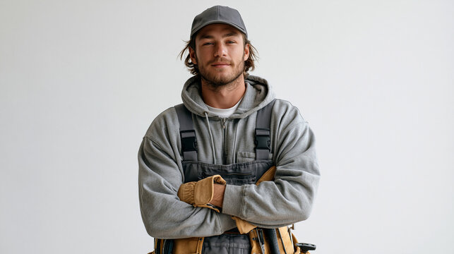 Gutter guard installer in full work gear posed against a clean white background, installation toolkit arranged symmetrically, professional trade portrait capturing skilled roofing