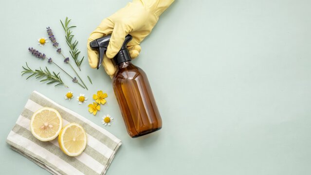 A yellow rubber gloved hand holds a brown glass spray bottle for natural household cleaning