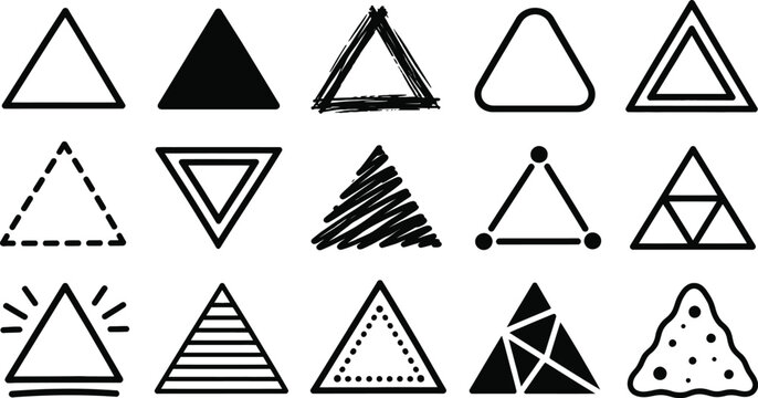 Collection of various hand drawn triangle shapes and geometric patterns for creative design elements