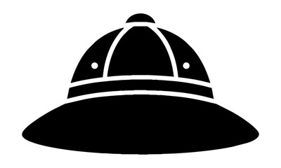 Fototapeta premium Safari explorer pith helmet icon with bold black silhouette and clean geometric lines on a white background, minimalist travel adventure concept