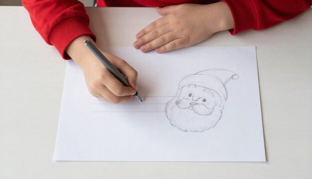 Child creative drawing Santa sketching festive character on paper, on handmade card