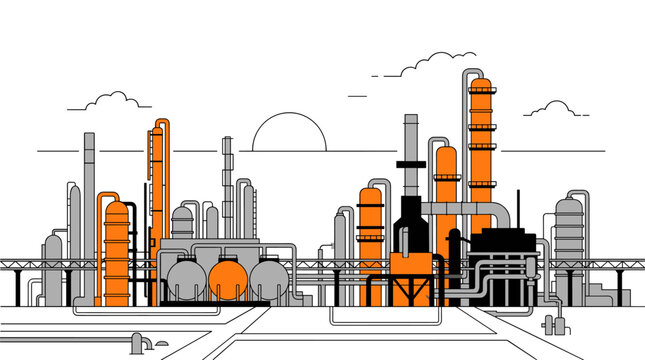 Oil refinery towers at sunset with orange industrial glow, refinery, towers, oil, sunset, industrial, energy, fuel, plant, pipes,