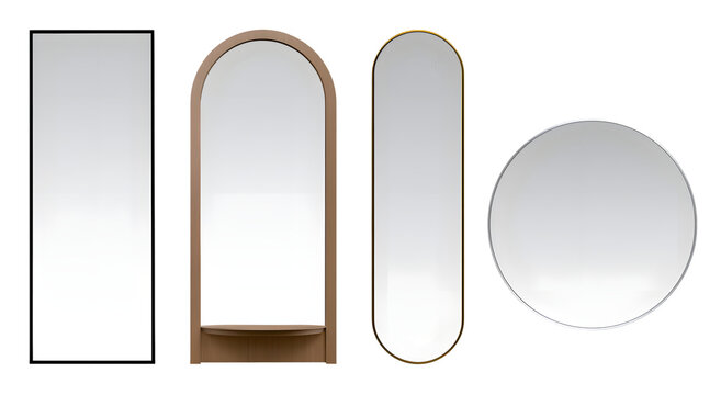 Set of four wall mirrors in various shapes. Isolated modern home decor glass elements.