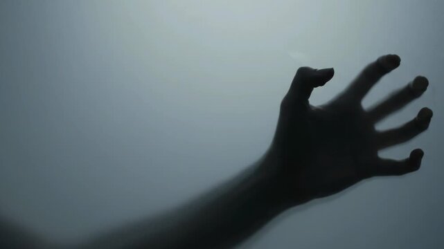 A dark silhouette of a human hand slowly slides down frosted glass and fades into the fog. A dramatic concept of fear, despair, isolation, and a mystical horror atmosphere.