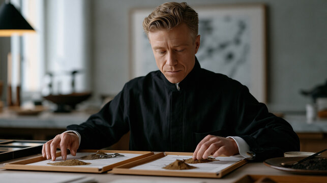 A customs brokerage specialist in a minimalist studio office arranges aromatic powder spice samples into two comparative document trays demonstrating commodity reclassification