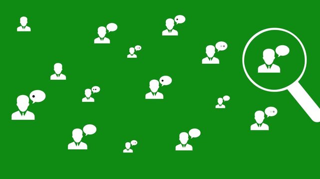 Sentiment analysis concept, search with zoom in and out animation. with user icon and chat bubbles. AI opinion mining, customer feedback evaluation, emotion detection, social media analytics.