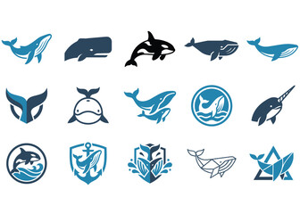 Whale mascot logo collection. Set of marine animal icons for branding and graphic design. © MDBodrulIslam