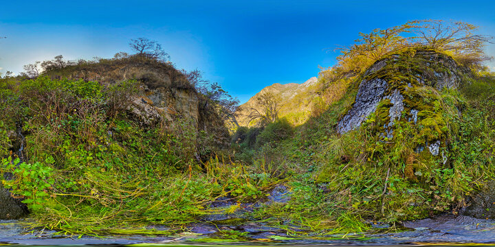 360 Panorama: Lush Mountain Valley with Stream in Kyrgyzstan