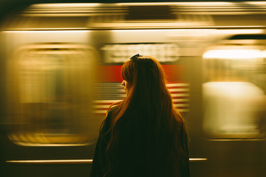 Woman waiting as subway train blurs past in Manhattan
