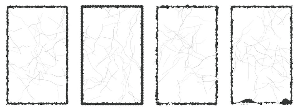 Grunge broken glass frames set with distressed edges and crack texture. Vector illustration of damaged screen border mockup collection, black cracked window photo frame template.