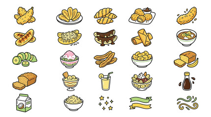 A vibrant collection of delicious food illustrations, featuring a variety of sweet and savory treats, fruits, and desserts. © Rra Terra