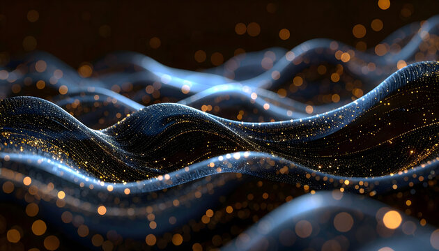 Abstract Light Gold Waves on Dark Background Curved Dynamic Shapes and Orange Light Spots.