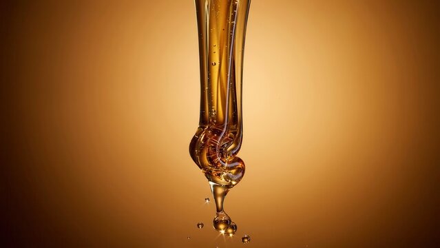 Golden amber liquid flows in a smooth swirl creating small glistening bubbles and reflective light droplets