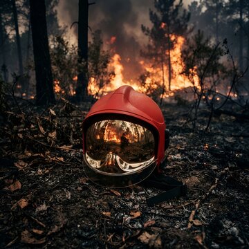 Casque pompier dans un incendie en for&ecirc;t
