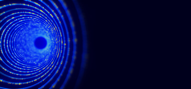 Blue circular light tunnel with yellow glowing particles on dark background. Abstract digital vortex with concentric rings, deep perspective and copy space for technology, data flow and futuristic des