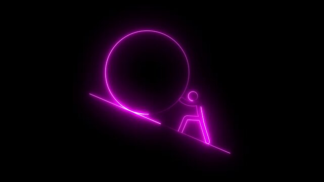 Glowing Neon Person Pushing Giant Rock Icon Symbolizing Business Struggle, Persistence, Continuous Effort, Overcoming Challenges and Success Journey 4K Motion Graphics..