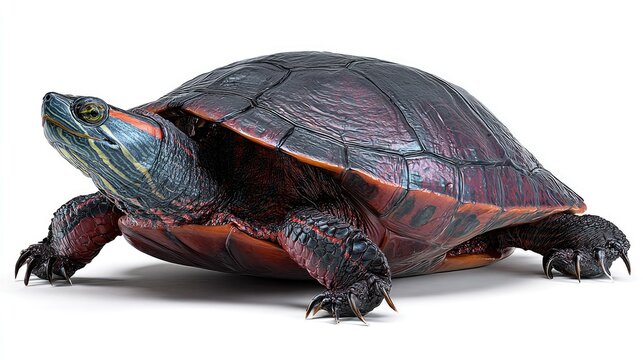 Dark shell turtle walking across white background.