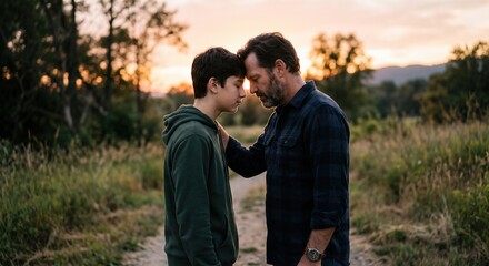 Fototapeta premium A father and his teenage son touch foreheads in a quiet outdoor moment at dusk, capturing raw, wordless emotional closeness.
