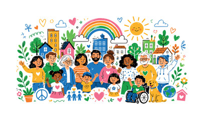 Fototapeta premium Community celebration doodle with diverse family, buildings, rainbow, sun, hearts, plants, and social symbols, community, family,