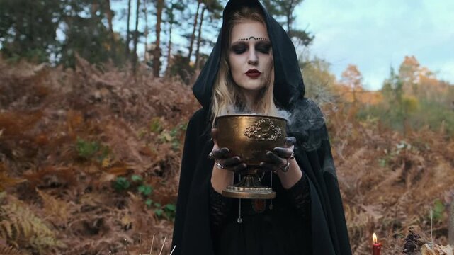 Young woman in black hooded cloak stands in fern-covered forest clearing holding ornate brass chalice emitting smoke while gazing downward with solemn expression and mystical presence