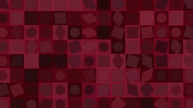 A looping seamless pattern of red squares, circles, and diamond shapes creates a rich abstract geometric background.
