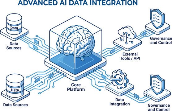 Advanced AI data integration isometric diagram showing core platform artificial intelligence brain processor with external tools. (17 words).eps