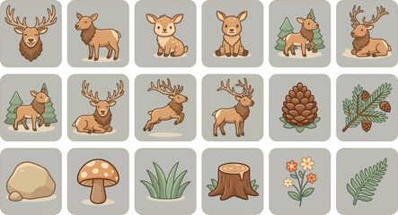 Obraz premium Deer character icon set with forest woodland elements, flat vector design for nature and wildlife illustrations