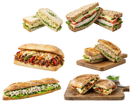 Collage of assorted sandwiches, subs, and grilled panini with varied fillings. Food menu selection presented as an isolated set for catering, delivery, or takeaway design.