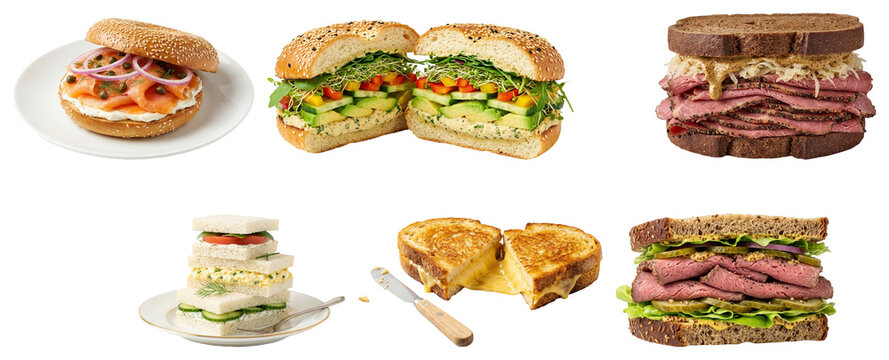 Collage of assorted sandwiches and toast options including salmon bagel, veggie bagel, roast beef, club sandwich, grilled cheese, and deli sandwich, isolated on transparent background.