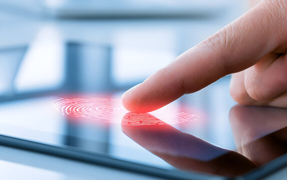 Finger touches tablet screen for biometric scan. Digital security verification uses fingerprint identification on modern device. Access granted via thumbprint authentication