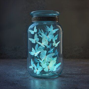 transparent jar with glowing butterflies