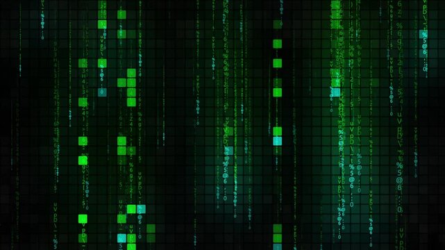 An abstract animated digital background with streams of symbols and data in a cyberspace style. Glowing symbols flowing across a dark grid create an atmosphere of virtual reality, programming, and inf